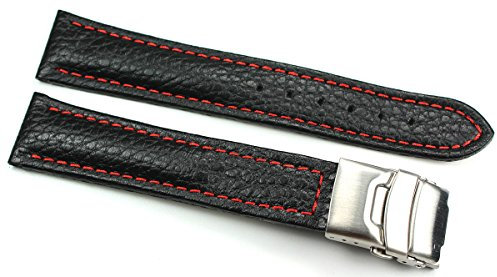 Sulla 20mm Genuine Leder Uhrenarmband mit Edelstahl Faltschließe schwarz rote Naht