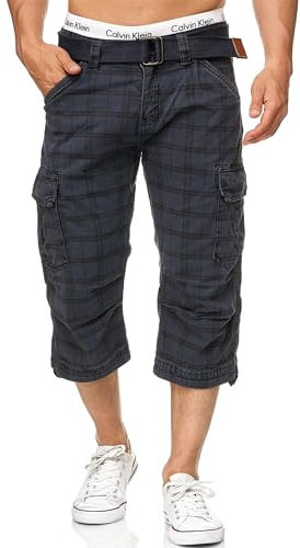 Indicode Herren Nicolas Check 3/4 Cargo-Shorts inkl. Gürtel | Herrenshorts aus Baumwolle Navy Check, 3XL
