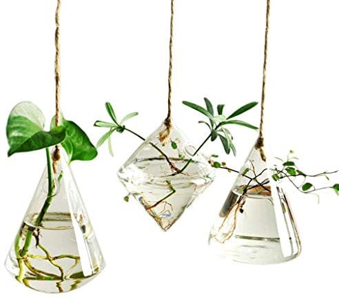 candora Unregelmäßige Geometrische Vase Glas-Gefäß zum Aufhängen Pflanzgefäße Blumentöpfe/Wasser Pflanzgefäß Vase Set inkl. 3 Stück mit Saiten