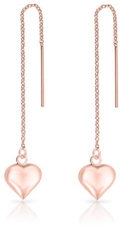 Orecchini Pendenti Donna Oro Rosa - Orecchini Cuore Bombato - Orecchini Lunghi Oro con Catena - Orecchini Dorati - Lunghezza 78 mm