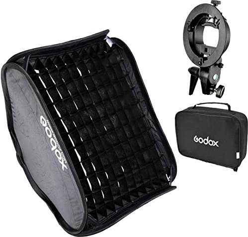 Godox S-Typ-Halterung, Bowens-Halterung, S-Halterung mit Faltbarer Softbox und Wabenraster und Tasche, Set für Blitzkamera, Studio, Fotografie