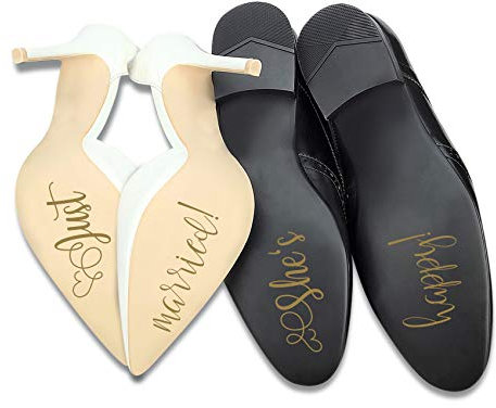 Aufkleber Set für Hochzeitsschuhe Schuhsticker Hochzeit Trauung Schuhe Heiraten Sticker Folie Selbstklebend Sprüche Symbole (Gold Glanz, K123 Just married)
