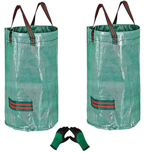 2Pcs 120L Heavy Duty Large Garden Waste Bags(H76cm,D45cm)&1 Gardening Gloves,Refuse Bags Garden Rubbish Bag Reusable Garden Waste Sacks,Grass Cutting Bags Leaf Bags Gardening Bags Sacks with Handles
