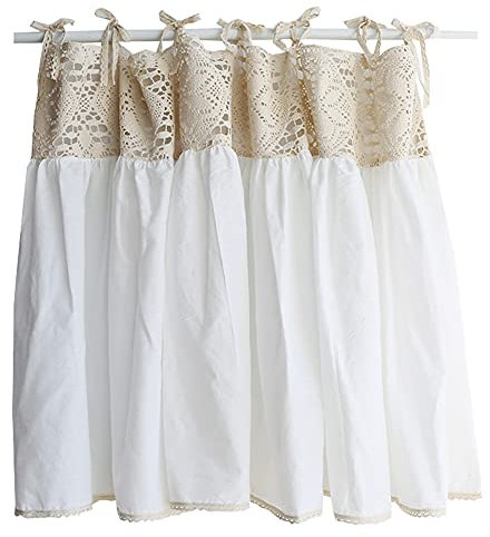 YXW Cantonnière Shabby Chic, Rideau Court de Cuisine en Dentelle Beige avec Coutures en Coton Blanc, Demi-Rideaux de café, 1 pièce (120 × 63 cm / 120 × 123 cm)