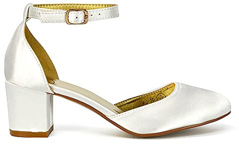 Womens Low Mid Block Heel Ankle Strap Buckle Ladies Sandals Court Shoes (Ivory Satin, 6 UK, Numeric_6)