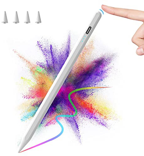 Stylet Tactile pour iPad A16/10/9/8/7/6 Gén, iPad Air 13/11, Air 5/4/3ème, Pro 13/12.9/11 Gén, Mini 6/5 Gén 2018-2025, Stylet Pen avec Rejet de Paume & D'inclinaison & Adsorption Magnétique(Blanc)