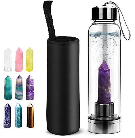 HINATAA Kristall Wasserflasche, Abnehmbare Heilende Natürliche Quarz Wasserflasche 550ml (Lila)