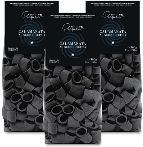 NONNA PIPPINA Calamarata al nero di Seppia 3 x 500g, typisch sizilianische Nudeln mit Tintenfischtinte gefärbt, traditionell durch Bronzeform gezogen, langsame Trocknung