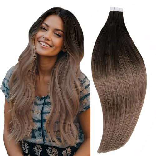 RUNATURE Tape Extensions Echthaar Balayage Braun Blond Tape in Extensions Echthaar Dunkelbraun Ombre Blond Invisible Tape Extensions Echthaar 35CM 40g 20pcs #2/6/18