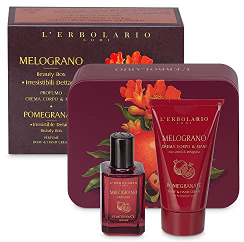 L'Erbolario - Beauty Box IRRESISTIBILI DETTAGLI - Elegante scatola Regalo in latta in Edizione limitata - Contiene 1 Profumo Melograno 30 ml + 1 Crema Corpo & Mani Melograno 75 ml