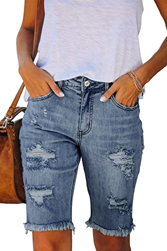 Ancapelion Damen Casual Denim Shorts Mid Waist Bermuda Jeans Shorts Raw Hem Ripped Hole Jeans mit Taschen, Ber-Blau, S