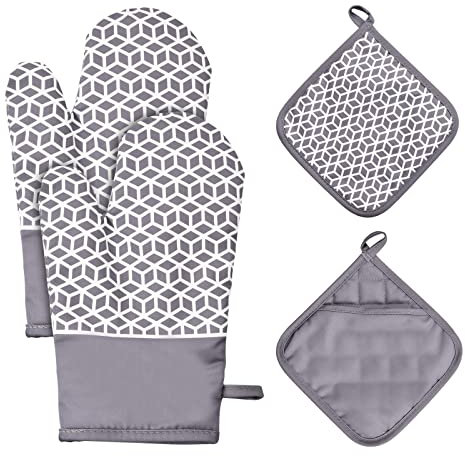 Set di 4 Guanti da Forno, Presine e Guanti da Cucina, Guanti da Forno Resistente al Calore, Cotone Addensato, Guanti Cucina per Cuocere, Cucinare, Grigliare (Grigio)