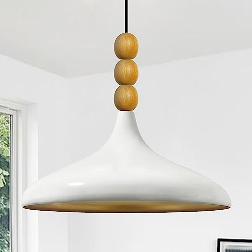 bamyum Champion Pendelleuchte aus Holz, 35 cm Hängelampe Metall E27 Moderne Esstisch Lampe, Skandinavisch Pendellampe für Schlafzimmer Wohnzimmer Küche Esstisch, Weiss Küchenlampe Hängend