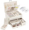 Casiwaft Schmuckkästchen, 3 Ebenen großer PU Leder Reise Schmuckschatulle mit tragbarer Mini-Box für Reisen, Schmuckbox mit Spiegel für Halsketten, Ohrringe, Ringe, Uhren, Beige