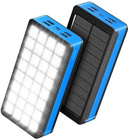 【New Upgrade】Portable Solar Charger 30000mAh, Solar Power Bank with 4 Outputs & Dual Inputs 32 LEDs Flashlight, Waterproof Charger Fast Charging Battery Pack for Smartphones Tablets Outdoors (blue)