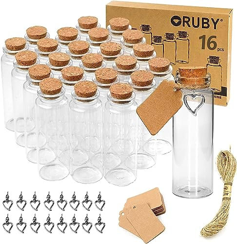 RUBY Lot de 16 Petite Bouteille en Verre avec Bouchon 40ml Fiole en Verre avec Bouchon Mini Bouteilles Verre avec Pendentif en Forme de Coeur pour Cadeaux de Mariage, Fête (30mm * 85mm)