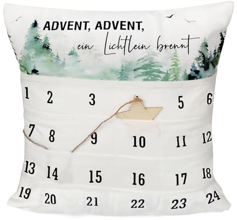 GEBETTER 45 x 45cm Adventskalender Zierkissenbezug mit 24 Taschen Lustige Kissenbezug zum Befüllen Kissenhülle Geschenk Zierkissenhülle zum Geburtstag Dekokissenhülle Weihnachten (Weiß-Grün)