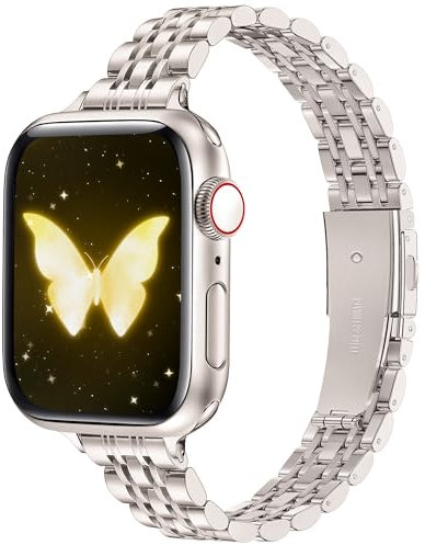 Correa delgada para iWatch para mujer compatible con Apple Watch Band Starlight de 1.614 pulgadas, 1.575 pulgadas, 1.496 pulgadas, metal de acero inoxidable, bonita y elegante, fina pulsera de moda