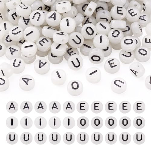 Cheriswelry 500 Stück Vokal-Alphabet-Leuchtscheiben-Perlen – 7 mm flache, runde Münzbuchstaben-Abstandshalter für Schmuckherstellung, Perlenkunst, Handwerk, DIY-Armbänder