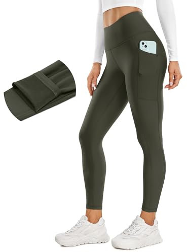 CRZ YOGA Damen Thermo Leggings mit Taschen Winter High Waist Fleece Sportleggins Yoga Leggins Warm Thermal Sporthose - 64 cm Olivgrun 38