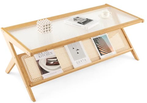 COSTWAY Table Basse, Table Salon 120 cm en Bambou avec Plateau en Verre Trempé, Porte-Revues en Rotin, Table Basse Design Naturel, Style Bohême, pour Salon, Bureau, Chambre