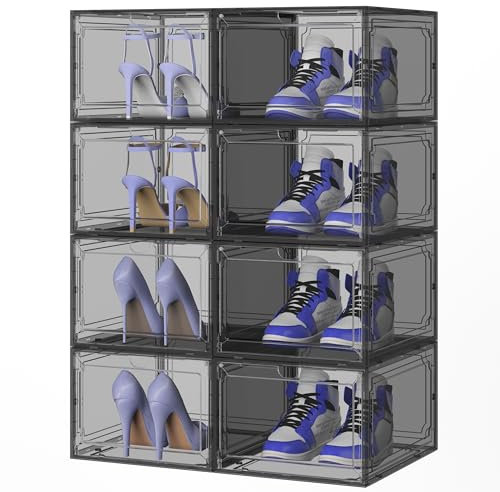 JOISCOPE Schuh-Organisator PET Magnetische Transparente Kunststoff-Schuhkarton (Damen/Herren) Stapelbarer Schuh-Organisator, Multifunktionale Lagerung, Passt Größen 34 * 27 * 19 cm,Packung mit 8.