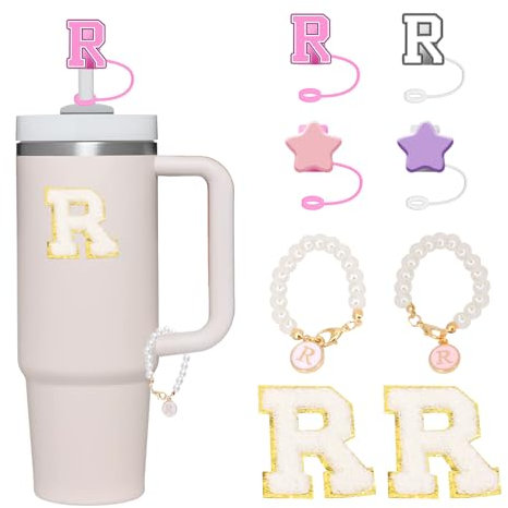 Letter Stanley Straw Cover 2Pcs Dustproof 10mm Straw Cover for Stanley Cup Accessories Include 2pcs Personalized Name ID A-Z Pearl Hangings Letter Stickers(R)