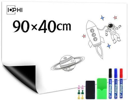 Whiteboard Magnetisch Folie 90 x 40 cm, Magnetfolie Selbstklebend Stark Abwischbare Magnet-Tafel Weiß, Inklusive Whiteboard Marker & SchwammMagnetes, Gelten Büro und Zuhause kühlschrank usw