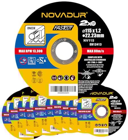 NOVADUR® Disco da taglio metallo 115 x 1,2 x 22,23 mm Inox per acciaio inossidabile confezione da 10 pezzi | Speciale per smerigliatrici angolari