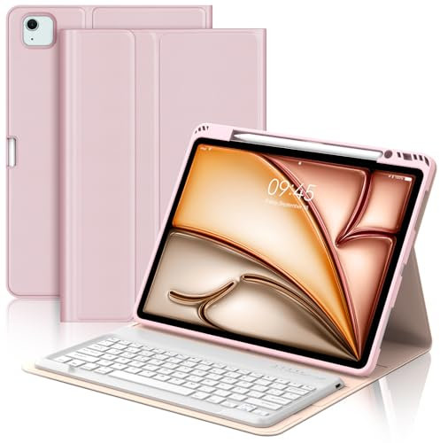 JADEMALL Funda con Teclado para iPad Air 13 Pulgadas (M3 2025, M2 2024), Teclado Bluetooth Inalámbrico Desmontable con Funda Protectora Delgada y Ranura para Bolígrafo para Tablet iPad Air 13, Rosa