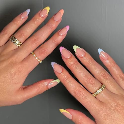 Colorful French Tip Press-On Nails - 24PCS Summer Almond Stick-On False Nails - Full Cover Fake Nails for Women and Girls Nail Art