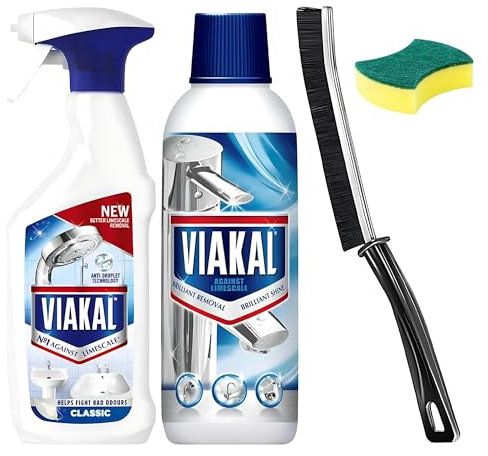 Complete Limescale Removing Bundle including Original Limescale Remover Spray 500ml, Original Limescale Remover Cleaning Liquid Bottle 500ml, Crevice Cleaning Brush, and Scrub Sponge