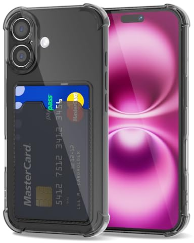 Svanove for iPhone 16 Plus Case Wallet Clear, Card Holder Case with Credit Card Slot, Thin Slim Transparent Silicone Grip Soft Rubber Protective Shockproof Airbag Bumper for Women, Black