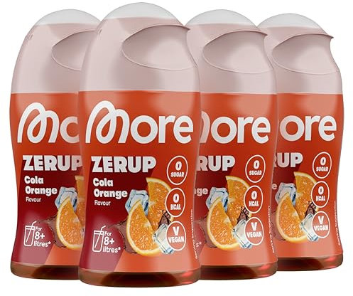 MORE Zerup, Cola Orange, 4 x 65 ml, für bis zu 32 l Fertiggetränk, zuckerfreier Sirup mit echten Fruchtextrakten, vegan, zero Kalorien - made in Germany