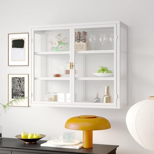 Retro Welle Glastür Wandschrank mit abnehmbaren Regalen, passend für Büros, Esszimmer, Wohnzimmer, Küchen und Badezimmer (A1-Weiß)