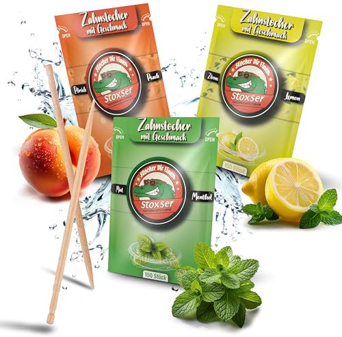 Stoxser 450 palillos de dientes con sabor, paquete de 3 unidades, melocotón y limón, limón y menta, revolución del sabor, palillos de dientes, sabor sin goma, soporte para pasta de dientes, hilo