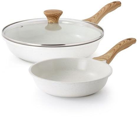SENSARTE Ceramic Nonstick Frying Pan Skillets, White (8+11Inch with Lid) | Healthy ceramic nontoxic coating, PTFE & PFAS free. Compatible with all stoves including induction cooktops. Easy to clean.