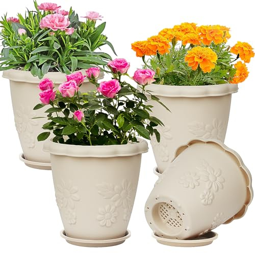 IWTTWY 4 Pack Plastic Plant Pots, 18CM Modern Flower Pots with Saucers and drainage holes, Thicken Orchid Pots Planters Indoor Outdoor for Herb, Peace Lily, Snake Plant, Succulent (Off White)