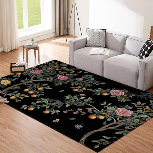 CEDNXOER Schwarz Teppich Wohnzimmer 240x340cm rutschfest Kurzflor Schlafzimmer Hundeteppiche, Orientalisch Pfingstrose Abstrakt Zweige Waschbar Bettvorleger pflegeleicht Teppiche für Büro