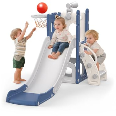 Hominewti Kinder Rutsche, 5-in-1 Indoor Outdoor Rutsche, Kinderspielplatz mit Basketballkorb, Ablage und Teleskop, Spielplatz für Kinder ab 1 Jahr, Blau
