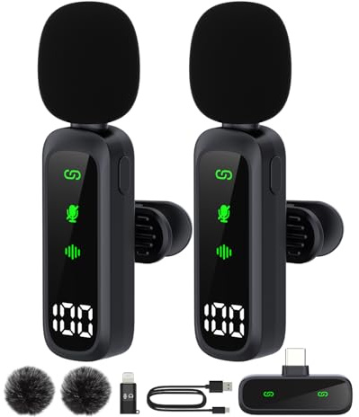 Wireless Lavalier Microphone, 2.4Ghz Clip-On Mic with Noise Reduction for iPhone Android Camera, 1 Transmitter & 2 Receivers, 50m Range, 5Hrs Battery for Recording, Vlogging, Live Stream