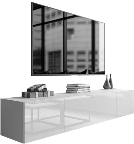 Lookway COLGANTE 200 cm TV-Schrank in Blanc Hochglanz – Hängende TV-Konsole mit optionaler LED-Beleuchtung (ohne LED Beleuchtung)