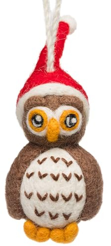 SIKORA Filz Anhänger hangemachter Christbaumschmuck aus Wollfilz Deko Figur Weihnachten Ornament - Handmade in Nepal, Farbe:Eule mit Mütze 12cm - FZ34