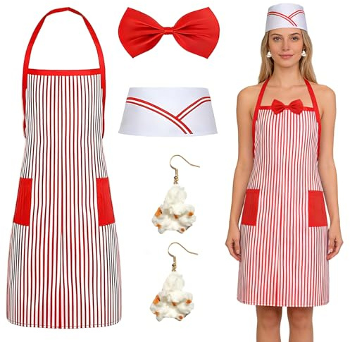 RAOPNHS 4 Stück Popcorn Kostüm Set - Schürze Rot Weiß Gestreift, Schürze Kochmütze Und Popcorn-Ohrringe Set, Popcorn Kostü, Popcorn Verkäufer Kostüm Für Karneval Zirkus Cosplay Party