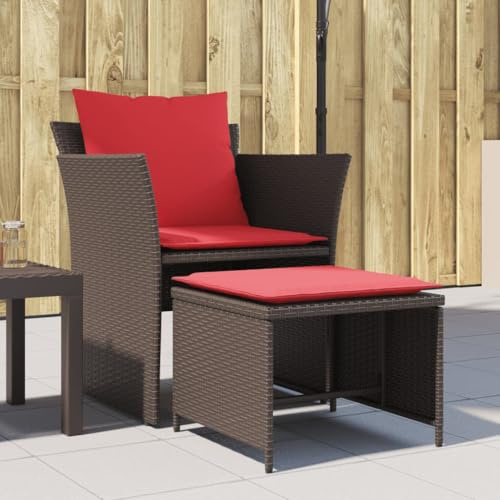 YuuSsea Chaise de jardin avec repose-pieds, en polyrotin marron, 64 x 60 x 85 cm, fauteuil d'extérieur confortable avec coussin, ensemble de meubles d'extérieur en osier durable pour balcon, jardin