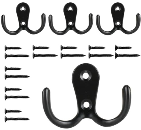 PngaZki 4 Pcs Gancho Perchero Pared Negro,Doble con Tornillo para Colgar Abrigo Sombrero Toalla,Doble Percheros con Tornillos para Dormitorio Baño Cocina Garaje Inodoro Oficina
