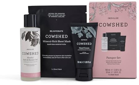 Cowshed Pamper Set – Indulge Bath & Shower Gel & Refresh Hand Cream with Rejuvenate Mineral-Rich Sheet Mask | Paraben-Free Moisturising Bodycare | Luxury Spa Gift Set