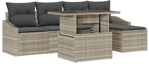 Foknhdi Gartensofa 6-TLG hell-/dunkelgrau Poly Rattan 100×55×73 cm höhenverstellbar Couch- bis Esstisch modular für Balkon, Garten, Terrasse