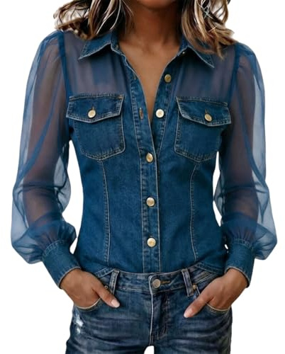 Denim Shirt Women Plus Size Sheer Puff Sleeve Button Down Shirt Regular Fit Denim Patchwork Blouse See-Through Chambray Shirts Elegant Cowboy Style Going Out Tops