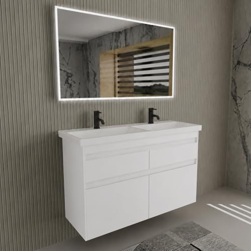 Alpenberger Doppelwaschtisch mit Unterschrank 120 cm, Badmöbel Set mit Waschbecken und Badspiegel, Keramik Doppelwaschbecken, Badezimmermöbel mit 4 Softclose Schubladen, vormontiert, Weiss Glänzend